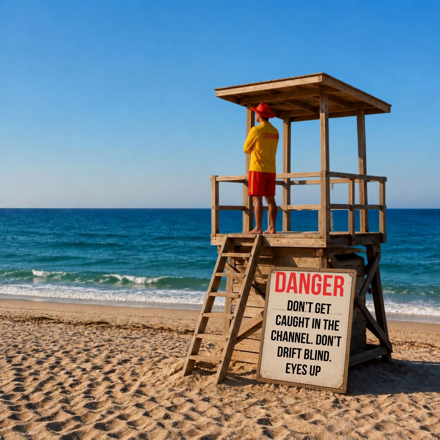 Lifeguard tower on a beach with a sign: Danger — don’t get caught in the channel. Don’t drift blind. Eyes up.